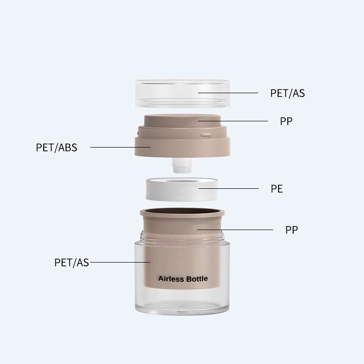 Airless bottle material composition showing PET, PP, ABS, and PE components for durable dispensing packaging.