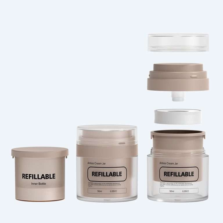 SR2157C refillable airless cream jar with 50ml capacity, 0.35cc dosage, and replaceable inner bottle.