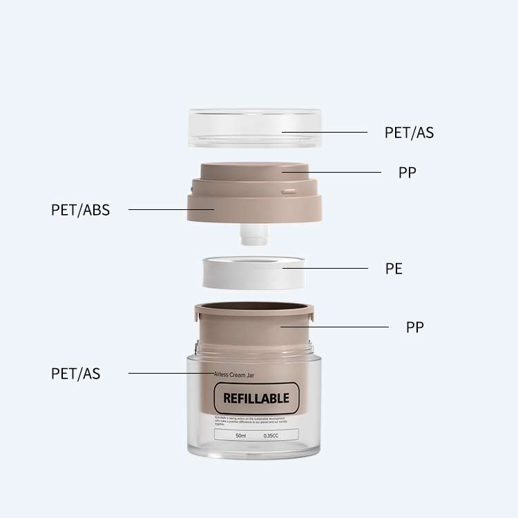 Airless bottle material composition showing PET, ABS, PE, and AS components for durable skincare packaging.