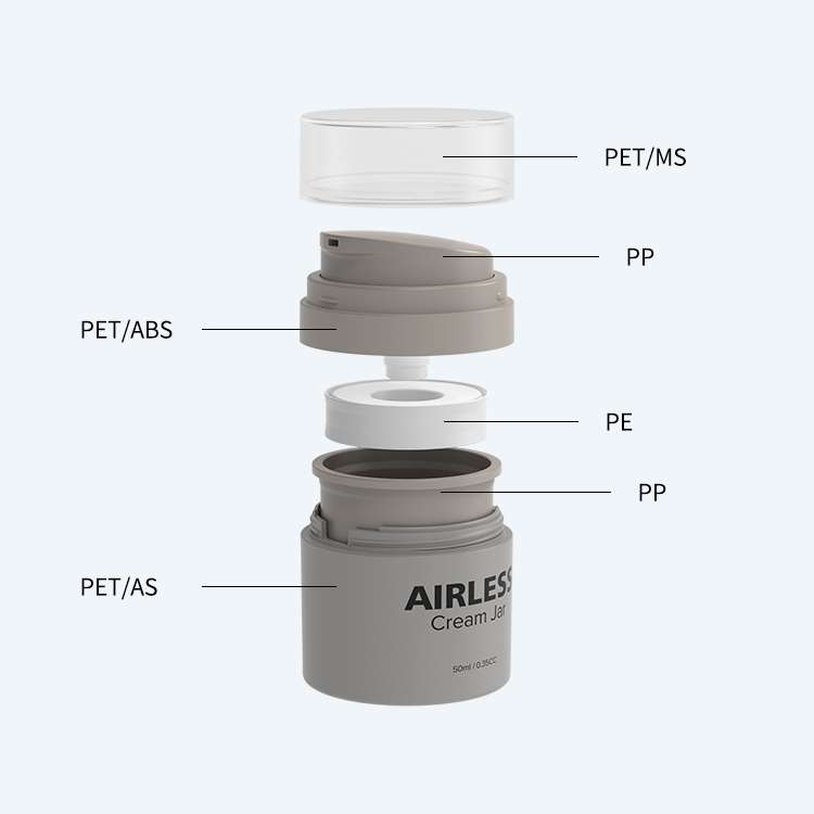 Cream Jet airless bottle with multi-material construction including PET, PP, ABS, and PE for efficient dispensing.
