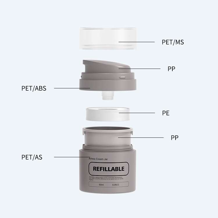 500ml airless bottle with Cream Jet technology, featuring PET, PP, ABS, and PE materials for high-capacity dispensing.