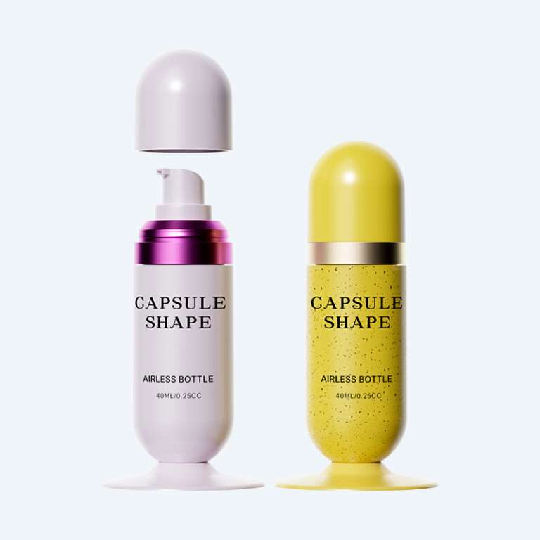 SR-2128 capsule shape airless bottle with base stand, 40ml capacity, 0.25cc dosage.