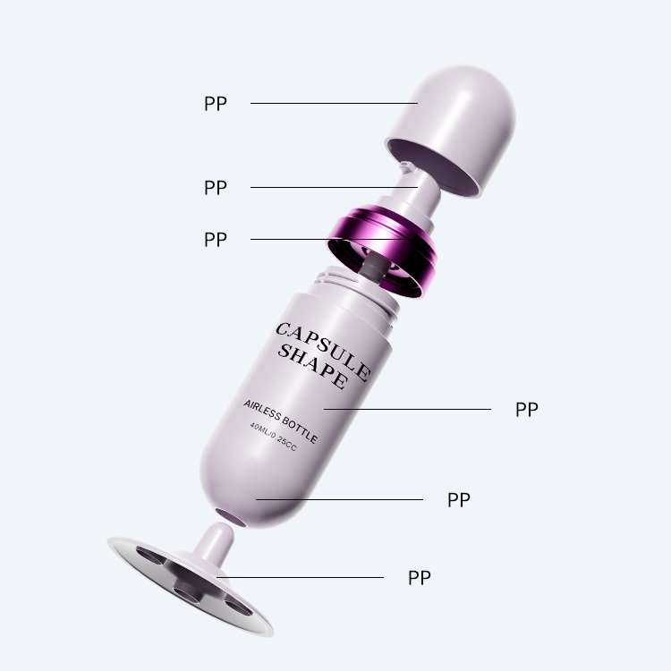 SR-2128 capsule shape airless bottle structural diagram with all-PP construction including PP cover, actuator, bottle, and base stand.