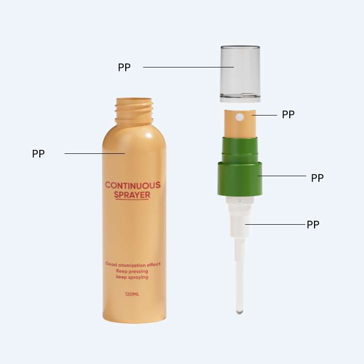 Continuous fine mist spray bottle SR-617C structure diagram showing PP components and keep pressing keep spraying mechanism with good atomization effect
