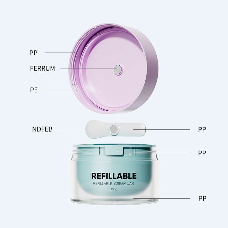 Refillable cream jar with magnetic spoon SR-2329B in 100g with NDFEB magnet and PP construction for sustainable skincare packaging