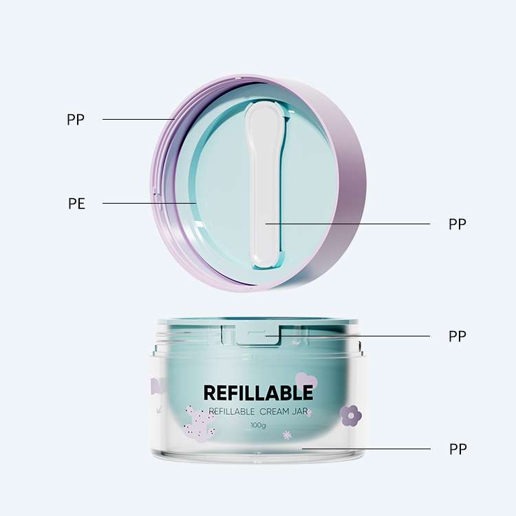Refillable mono PP cream jar with spoon SR-2329C in 100g with PP and PE materials for sustainable skincare packaging