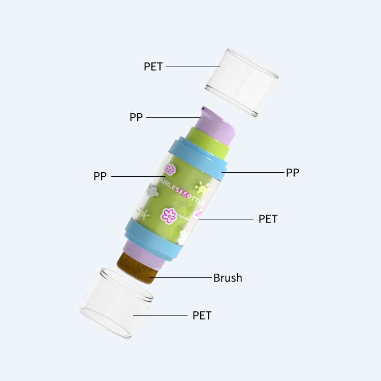Product material composition showing PET and PP components with brush applicator.