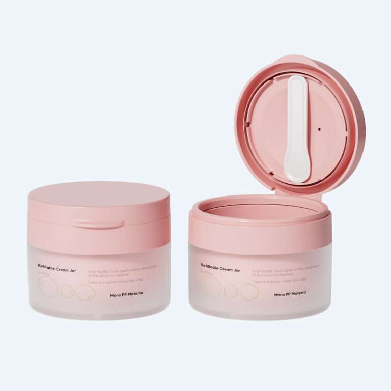Refillable mono PP flip top cream jar with spoon SR-2329D for sustainable skincare cream and balm packaging