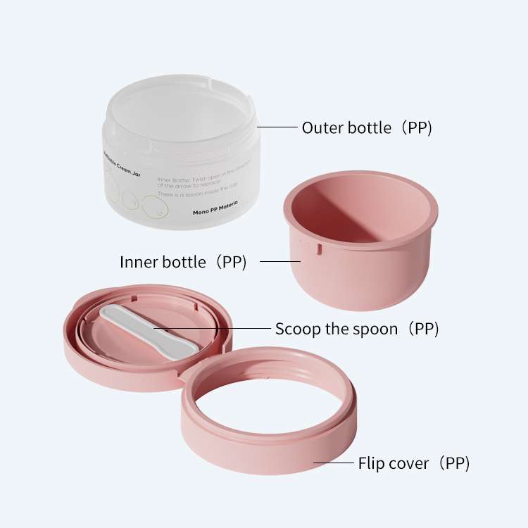 Refillable mono PP flip top cream jar with spoon SR-2329D in 100g featuring outer bottle inner bottle scoop spoon and flip cover all made of PP