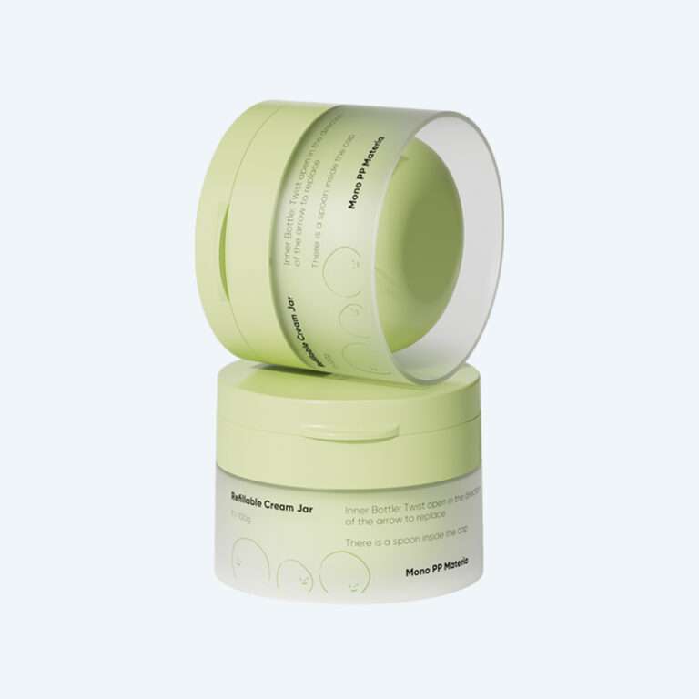 Mono PP flip top refillable cream jar with hollow base and spoon inside SR-2329F1 in 100g for sustainable skincare packaging