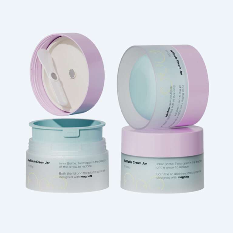 Refillable cream jar with magnetic spoon and hollow base SR-2329F2 in 100g featuring magnet design on lid and spoon for hygienic application