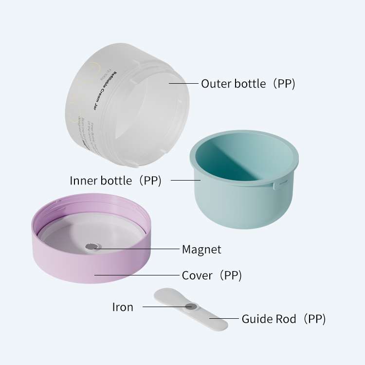 Refillable cream jar with magnetic spoon and hollow base SR-2329F2 showing PP outer bottle PP inner bottle magnet cover iron and PP guide rod