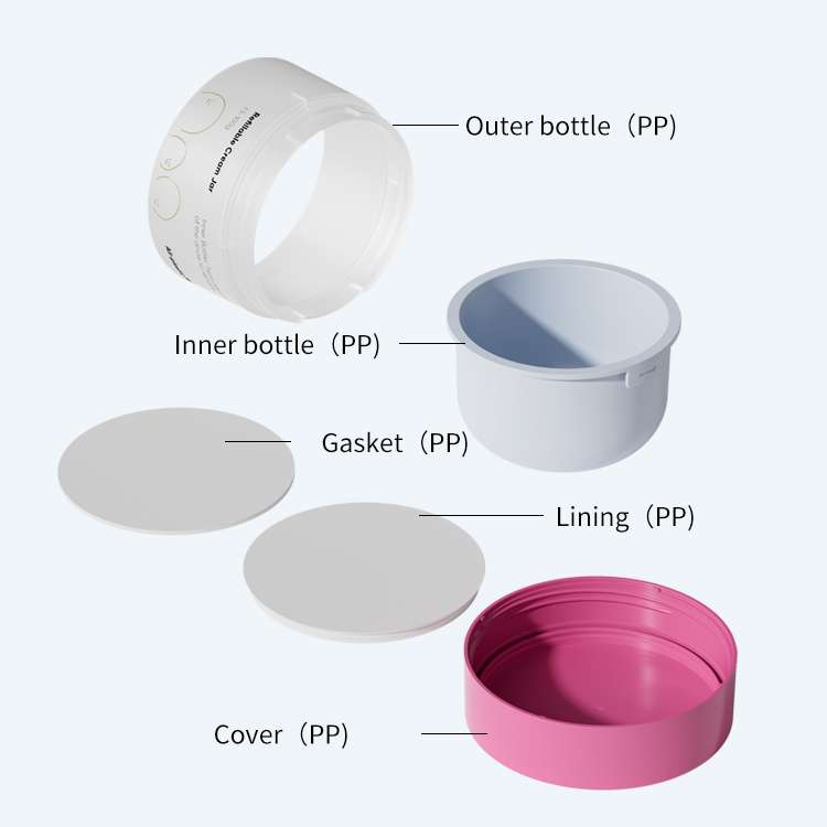 Mono PP refillable cream jar with hollow base SR-2329F3 showing outer bottle inner bottle gasket lining and cover all made of PP