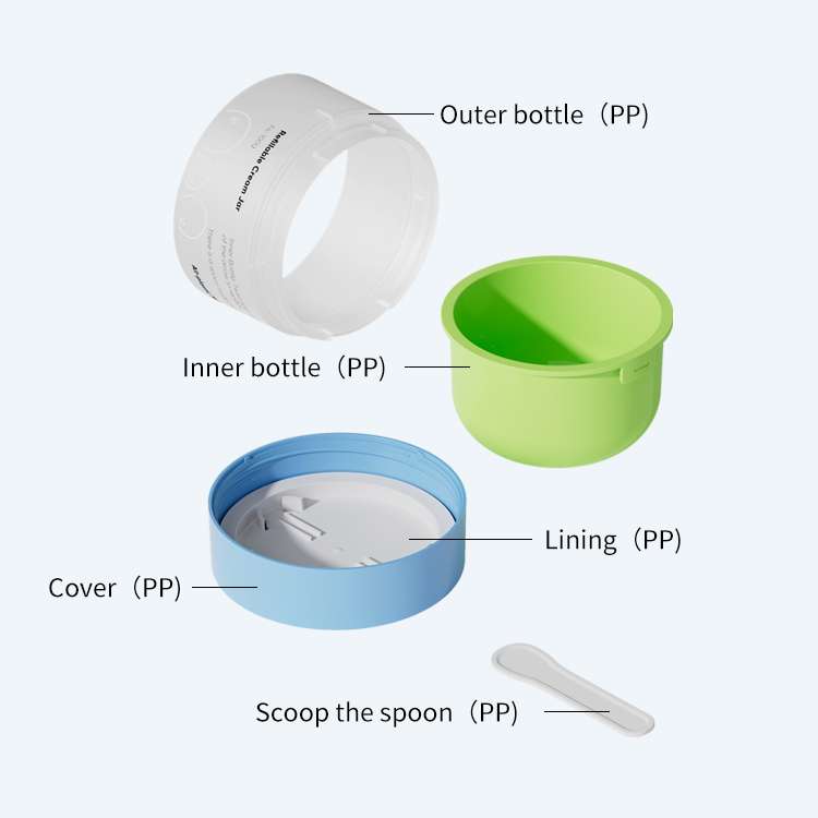 Mono PP refillable cream jar with hollow base and clip spoon SR-2329F4 showing outer bottle inner bottle lining cover and spoon all made of PP