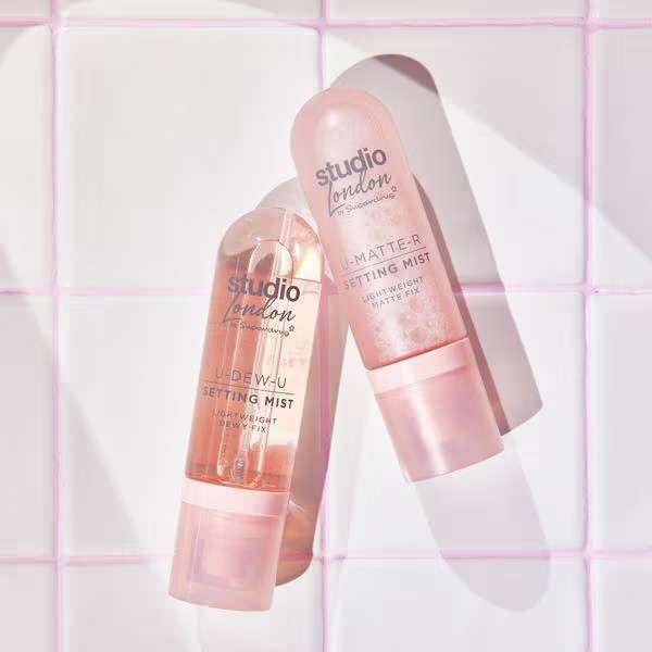 Studio London U-DEW-U and U-MATTE-R setting mist packaging by Sun-Rain for Superdrug exclusive makeup line