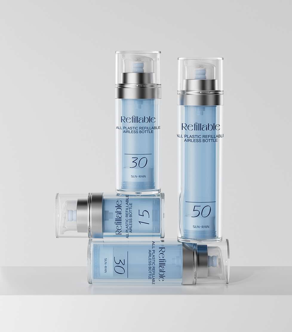 All plastic refillable airless bottle SR-2129B with replaceable cartridge and transparent PET body for sustainable skincare