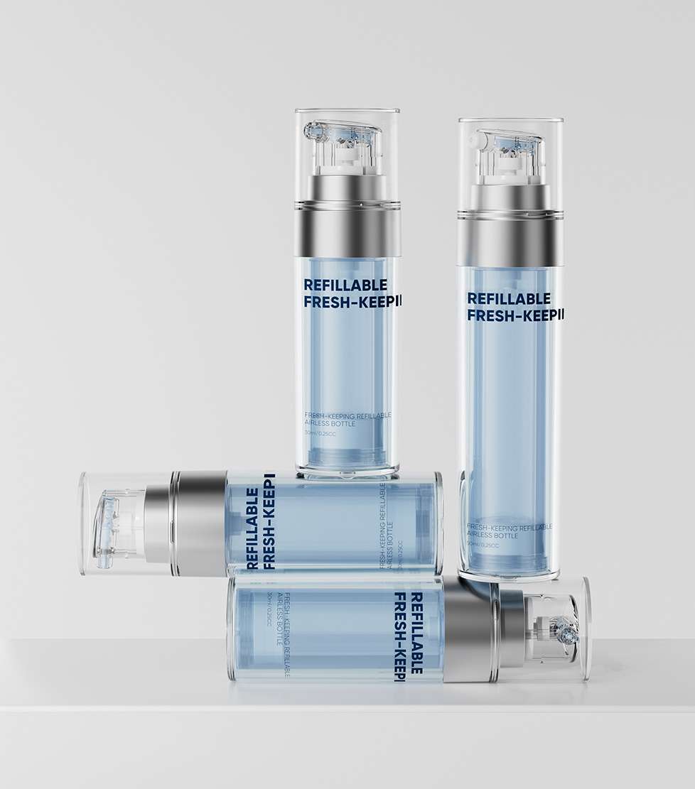 Freshness lock pump system SR-2199E with refillable airless structure and transparent PETG actuator cap for skincare packaging