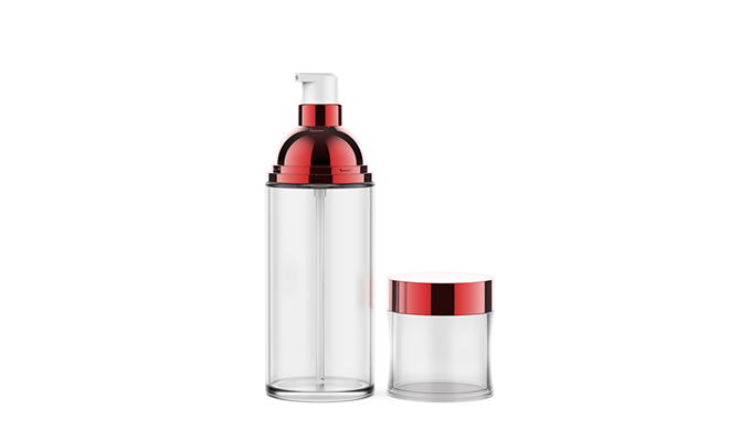 Sun-Rain SR-2219 cosmetic packaging in three sizes with transparent bodies and red caps