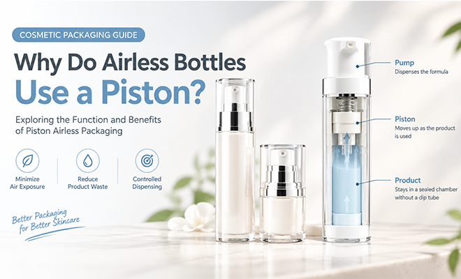 Airless bottle piston mechanism for cosmetic packaging