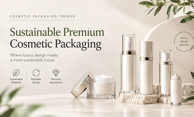Sustainable premium cosmetic packaging with refillable airless skincare bottles